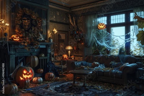 House decorated for Halloween with pumpkins webs and spiders.