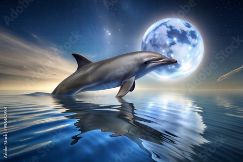 Dolphin leaping towards full moon in magical night sky photo