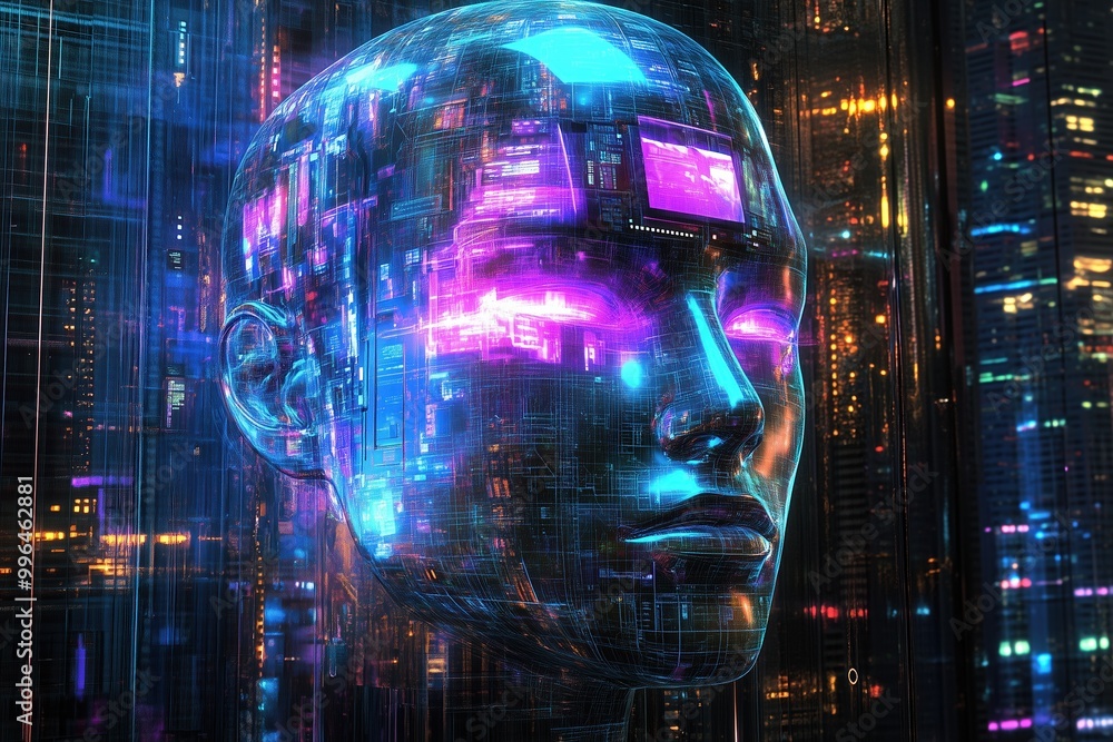 A computer generated face with a blue eye and a purple eye A computer generated face with a blue eye and a purple eye