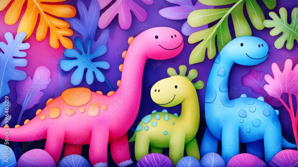 Naklejka premium Happy dinosaurs in a magical jungle with neon-colored leaves and flowers, celebrating prehistoric fun.
