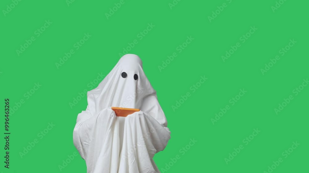 Funny halloween ghost in white sheet playing online video game on smartphone, isolated on chroma key green screen background. Happy halloween spooky concept. Funny halloween ghost in white sheet playing online video game on smartphone, isolated on chroma key green screen background. Happy halloween spooky concept.