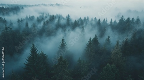 Aerial shot of a mist-covered forest at dawn, with room for copy in the foggy sky.