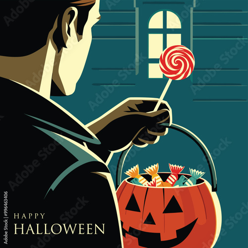 a man knock out the door of house with lollipop and candy pumpkin bowl halloween event trick or treat