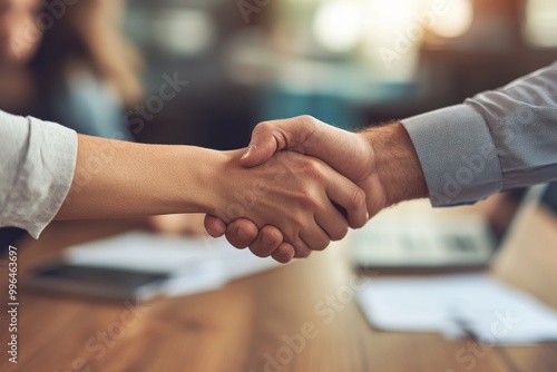 A close up of two hands shaking in agreement on a professional deal in a modern office. The image conveys trust and collaboration for business success. Generative AI
