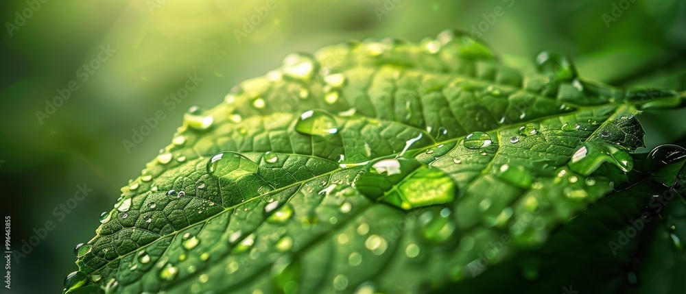 Fresh Green Leaf with Water Droplets in Nature Fresh Green Leaf with Water Droplets in Nature