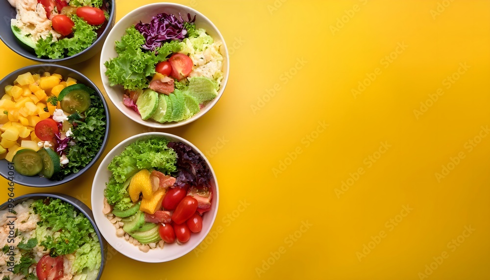 Variety of Fresh Salads in Bowls on Yellow Background with Copy Space Variety of Fresh Salads in Bowls on Yellow Background with Copy Space