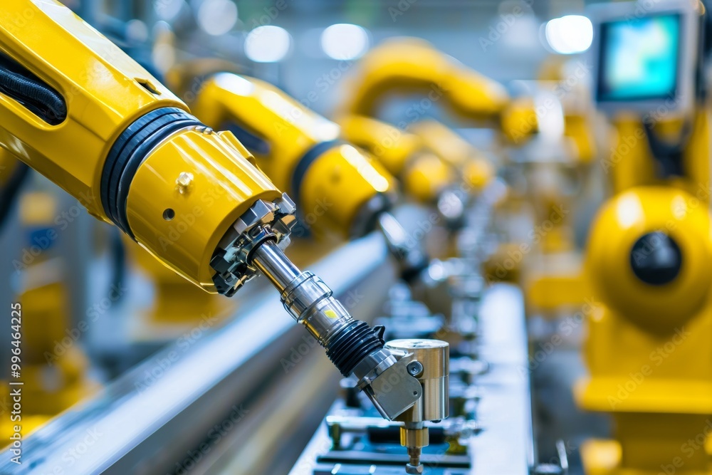 Assembly robots in yellow. Futuristic high-tech innovation in manufacturing. The replacement of humans by machines. Assembly robots in yellow. Futuristic high-tech innovation in manufacturing. The replacement of humans by machines.