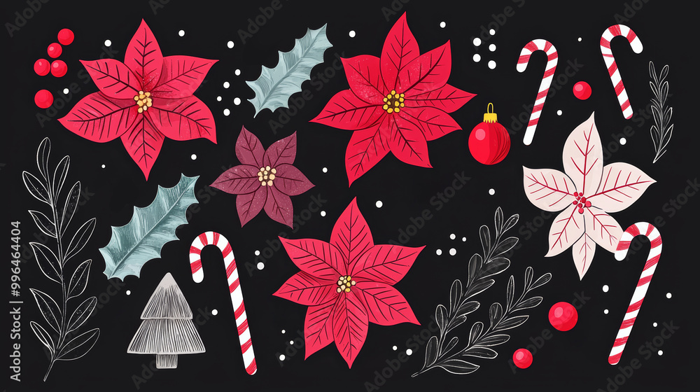 A Christmas flat-lay illustration featuring decorative elements like poinsettia flowers, holly, and candy canes with a rustic vibe. A Christmas flat-lay illustration featuring decorative elements like poinsettia flowers, holly, and candy canes with a rustic vibe.