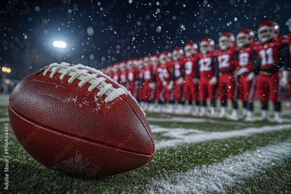 Close-up of an American football on a snowy field with a team of players in the background. Close-up of an American football on a snowy field with a team of players in the background.