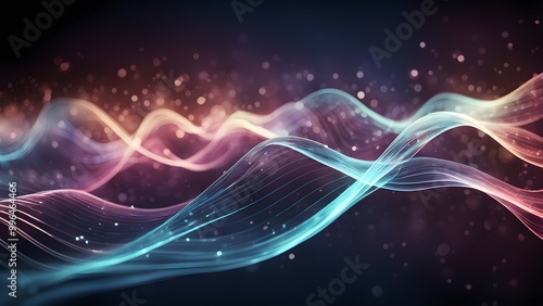 Abstract background with glowing waves and particles in pink, blue and yellow colors.