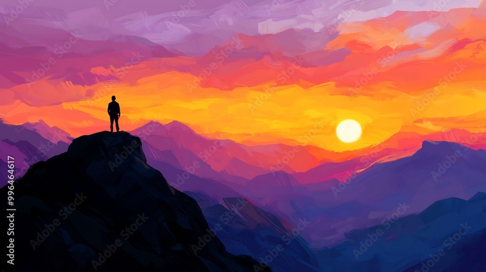 Solo Traveler Watching Sunset Over Majestic Mountains Solo Traveler Watching Sunset Over Majestic Mountains