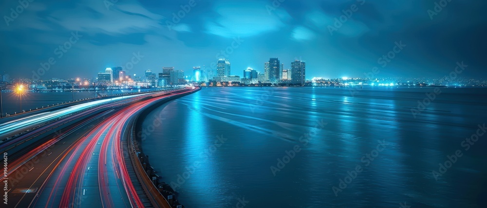 Fototapeta premium City Skyline with Night Lights Reflecting on Water
