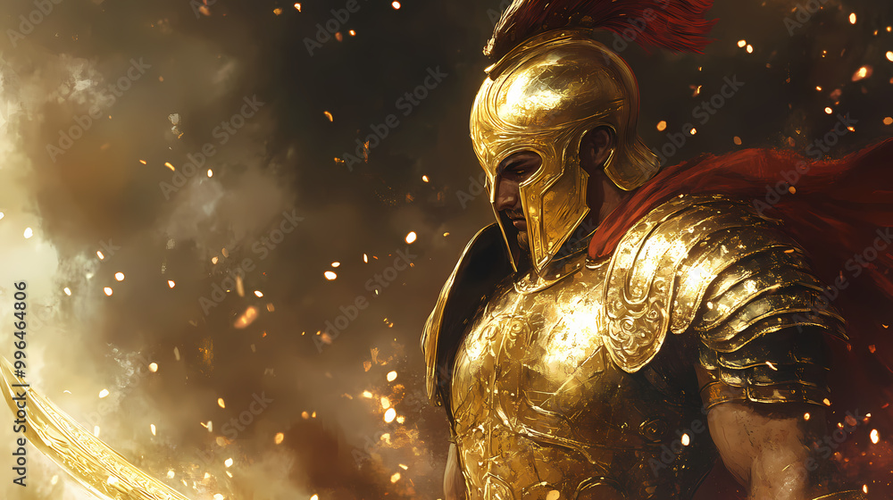 Obraz premium Achilles in a beautiful golden armor. Greek Mythology. Illustration