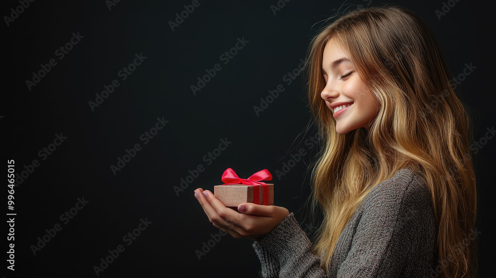 beautiful smiling young teenage girl in stylish clothes holding small gift box with bow, christmas, new year, birthday, valentine's day, present, purchase, copy space, place for text, celebration beautiful smiling young teenage girl in stylish clothes holding small gift box with bow, christmas, new year, birthday, valentine's day, present, purchase, copy space, place for text, celebration