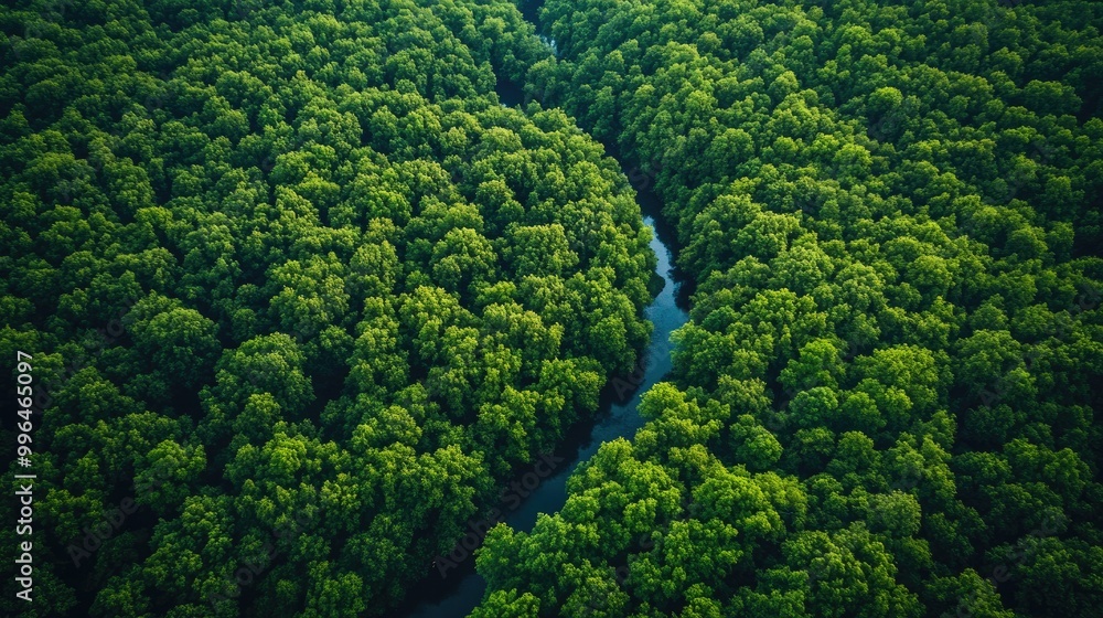 Aerial view of a dense forest canopy with a river running through, ample space for text in the sky. Aerial view of a dense forest canopy with a river running through, ample space for text in the sky.