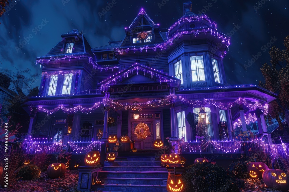 Fototapeta premium California house decorated with Halloween lights on Halloween night.