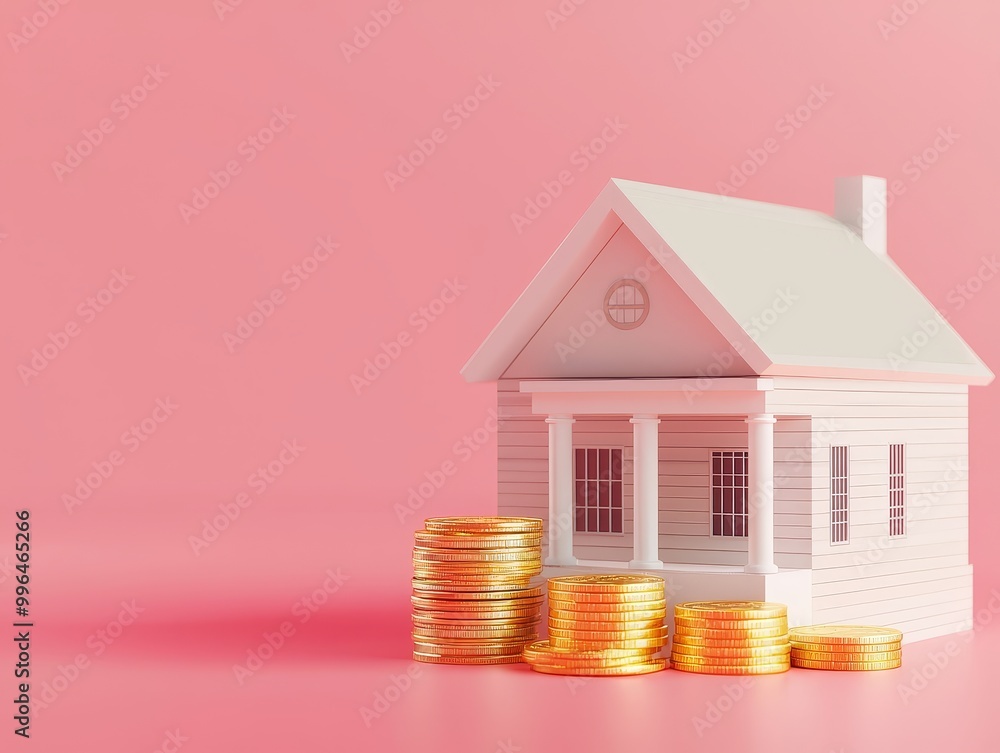 Miniature house model with gold coins on pink background. Miniature house model with gold coins on pink background.