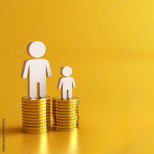 Two figures representing different heights standing on stacks of coins.