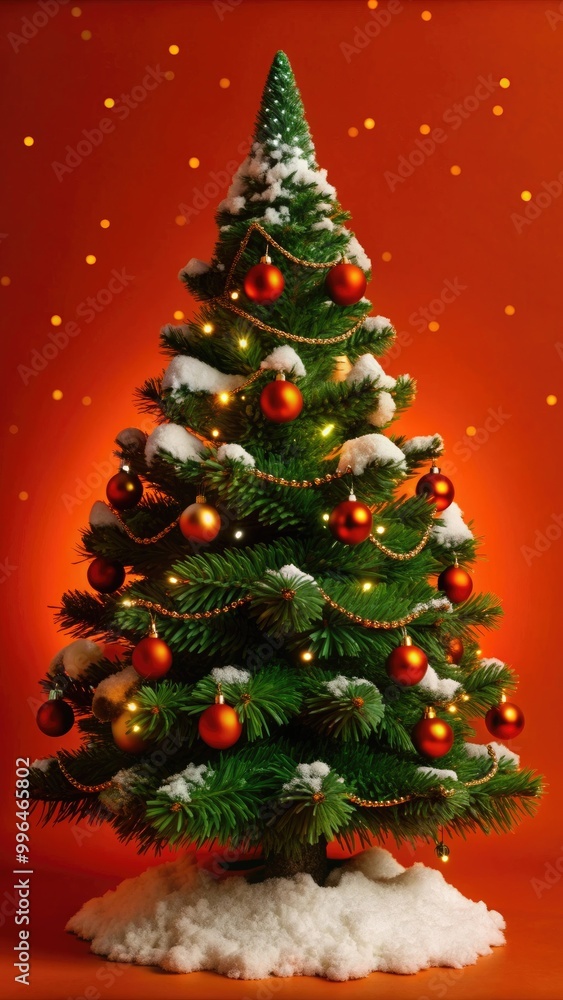 Obraz premium Christmas tree adorned with ornaments and lights, set against an orange backdrop with falling snowflakes.