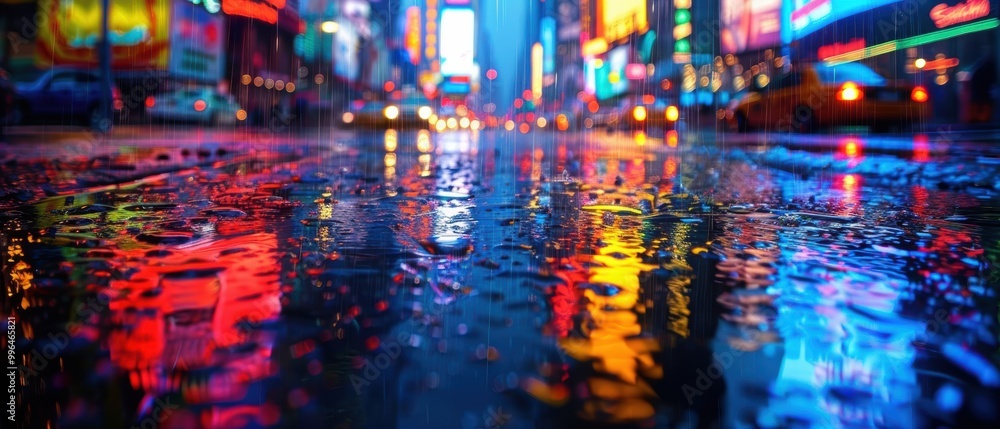 Obraz premium Vibrant City Lights Reflected in Rainy Street at Night