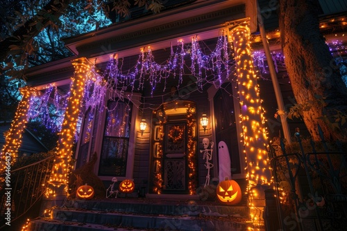 Spooky Halloween house decorations with orange and purple theme