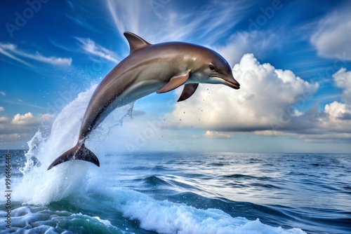 Dolphin jumping out of water with splash and clouds