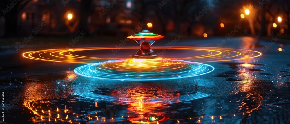 Colorful Spinning Light in a Night Park Scene Colorful Spinning Light in a Night Park Scene