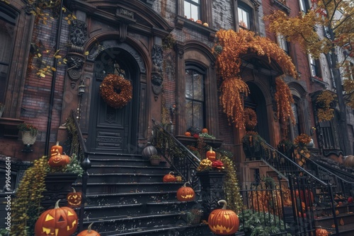 a brownstone building decorated for halloween