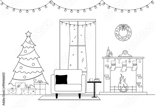 Living room with Christmas tree, gifts, fireplace and armchair. Black and white vector illustration.