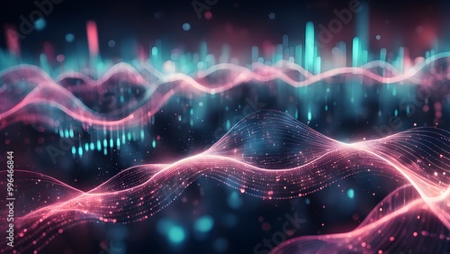 Wallpaper Mural Abstract digital waves with glowing pink and blue particles against a dark background. Torontodigital.ca