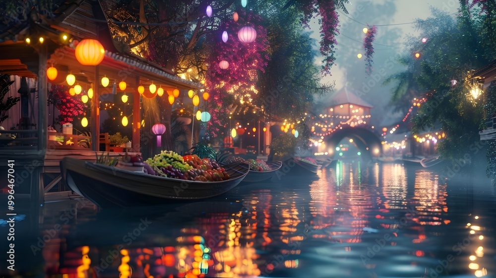 Fototapeta premium Bioluminescent Floating Market with Glowing Boats and Stalls Illuminated by Nature