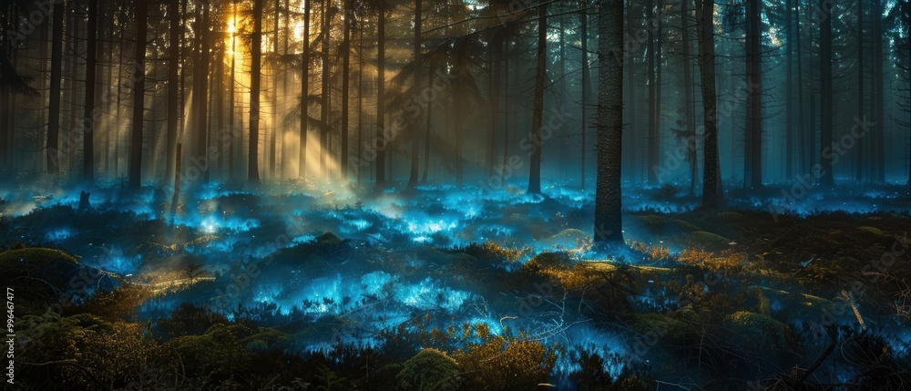 Enchanted Forest with Glowing Blue Light Effects Enchanted Forest with Glowing Blue Light Effects