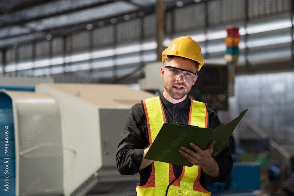 Male engineer control CNC machine in factory. Male technician working and repairing or maintenance CNC machine with safety uniform, helmet in industry factory