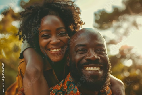 Portrait of a smiling afro-american couple in their 50s piggybacking