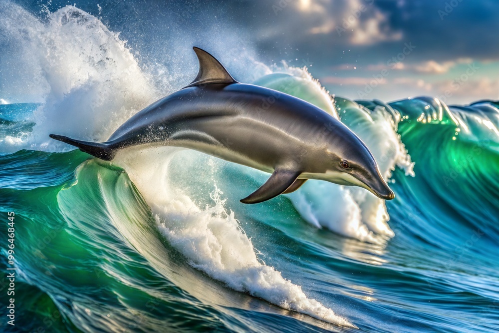 Obraz premium Dolphin leaping out of water as wave crashes