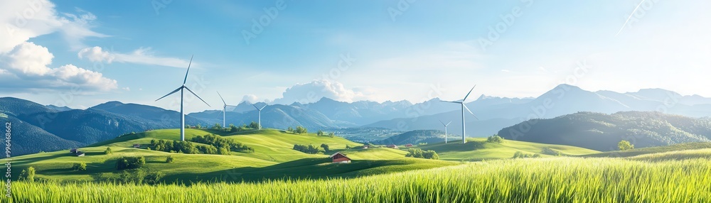Rural village powered by a hybrid renewable energy system, smart grid technology visible, sustainable living and greenhouse gas reduction Rural village powered by a hybrid renewable energy system, smart grid technology visible, sustainable living and greenhouse gas reduction