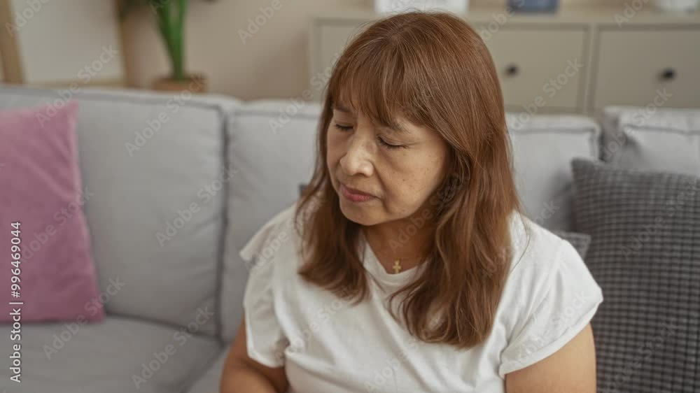 Middle-aged hispanic woman relaxing at home, taking off her glasses in a cozy living room setting, appearing tired and introspective. Middle-aged hispanic woman relaxing at home, taking off her glasses in a cozy living room setting, appearing tired and introspective.