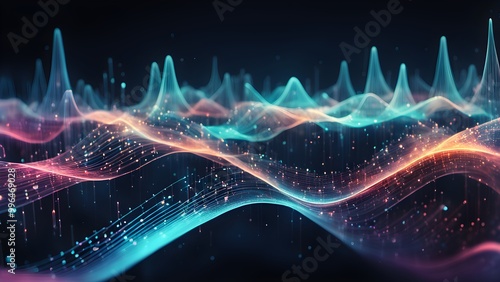 Wallpaper Mural Abstract digital wave pattern with glowing particles and lines in blue, orange and pink hues on a dark background. Torontodigital.ca