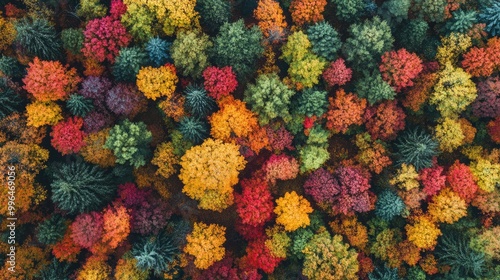 Bird's-eye view of autumn foliage covering a forest, with room for copy in the open sky.