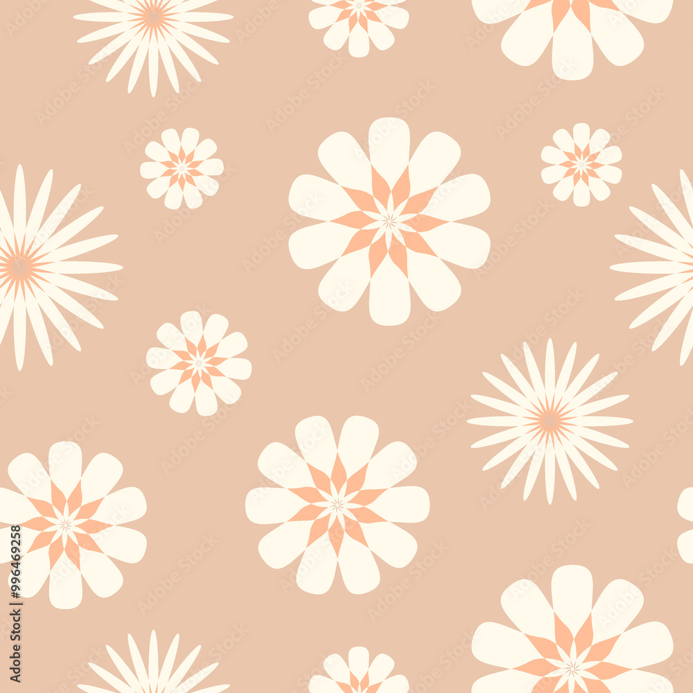 A seamless floral pattern in retro style, 70s wallpaper, cream white geometrical daisies on a light caramel background A seamless floral pattern in retro style, 70s wallpaper, cream white geometrical daisies on a light caramel background
