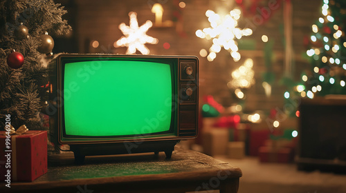 3d rendered classical television green screen monitor with chroma key tv winter Christmas celebration night retrospect vintage warm light atmosphere scene composition graphic design element background