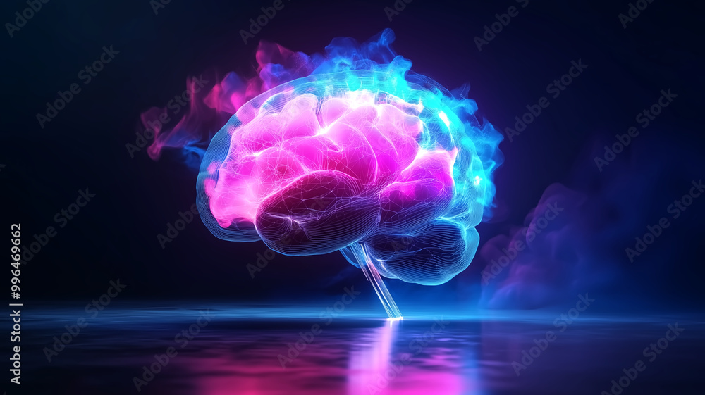 digital representation of human brain with vibrant neon colors, symbolizing artificial intelligence and mind. glowing brain is set against dark background, creating striking contrast digital representation of human brain with vibrant neon colors, symbolizing artificial intelligence and mind. glowing brain is set against dark background, creating striking contrast
