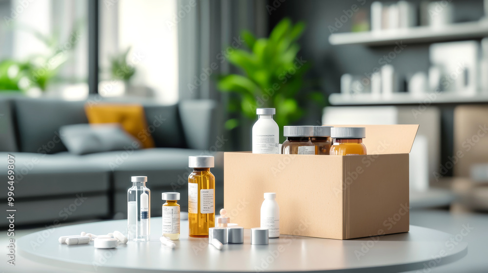 Cardboard box with various medical supplies and bottles on a table in a blurred living room setting, emphasizing healthcare readiness and organization Cardboard box with various medical supplies and bottles on a table in a blurred living room setting, emphasizing healthcare readiness and organization