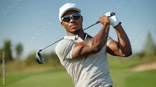 handsome golfer sport man with hat  and a beautiful shirt, swinging a club during a sunny day on the course.