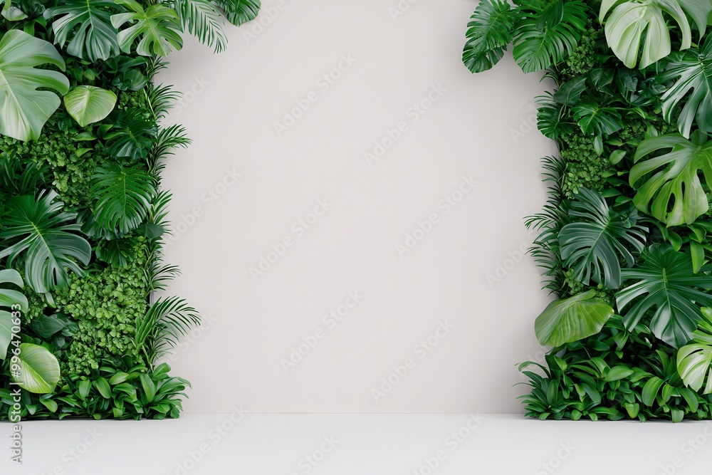 Lush green plants border a simple wall, creating a refreshing and vibrant backdrop, perfect for nature-themed decor or events. Lush green plants border a simple wall, creating a refreshing and vibrant backdrop, perfect for nature-themed decor or events.