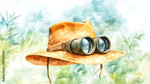 Watercolor Illustration of a Wide-Brimmed Hat with Binoculars.