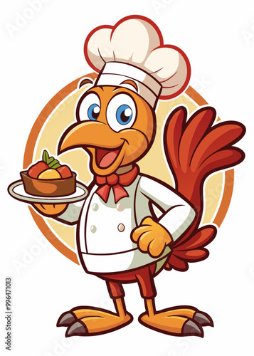 Turkey wearing a chef’s hat, serving a plate of mashed potatoes.
