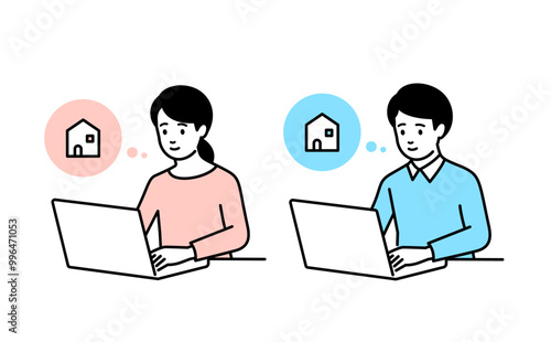 ノートパソコンでマイホームを検索する夫婦のイラスト