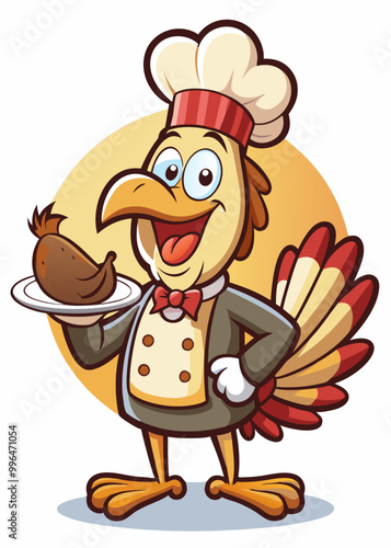 Turkey wearing a chef’s hat, serving a plate of mashed potatoes.
