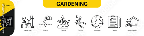 Gardening icons set and design elements vector illustration with the icon of garden tools, sowing, planting, pruning, ecological, planning and garden